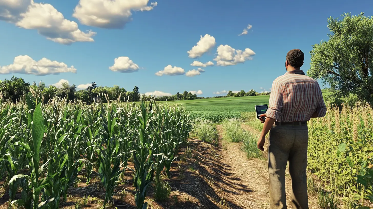 Agriculteur utilisant IA dans champ vert