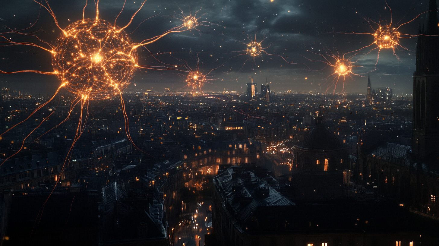 Réseau neuronal IA sur ville européenne nuit