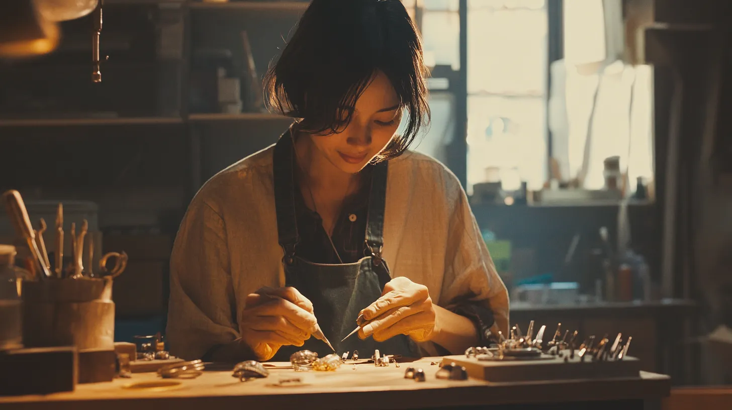 Artisan utilisant IA création bijoux atelier