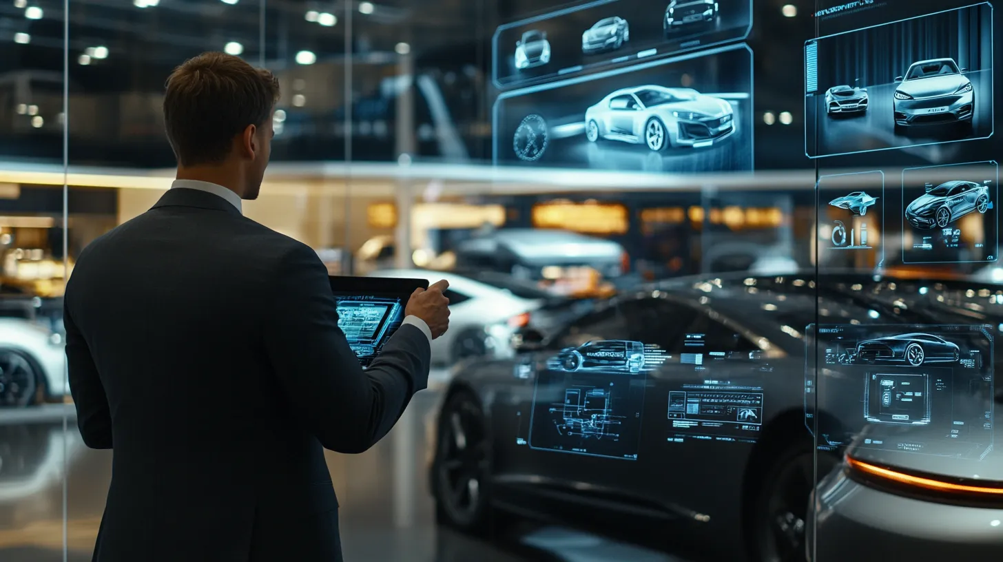 Vendeur présente l'IA dans concession automobile moderne