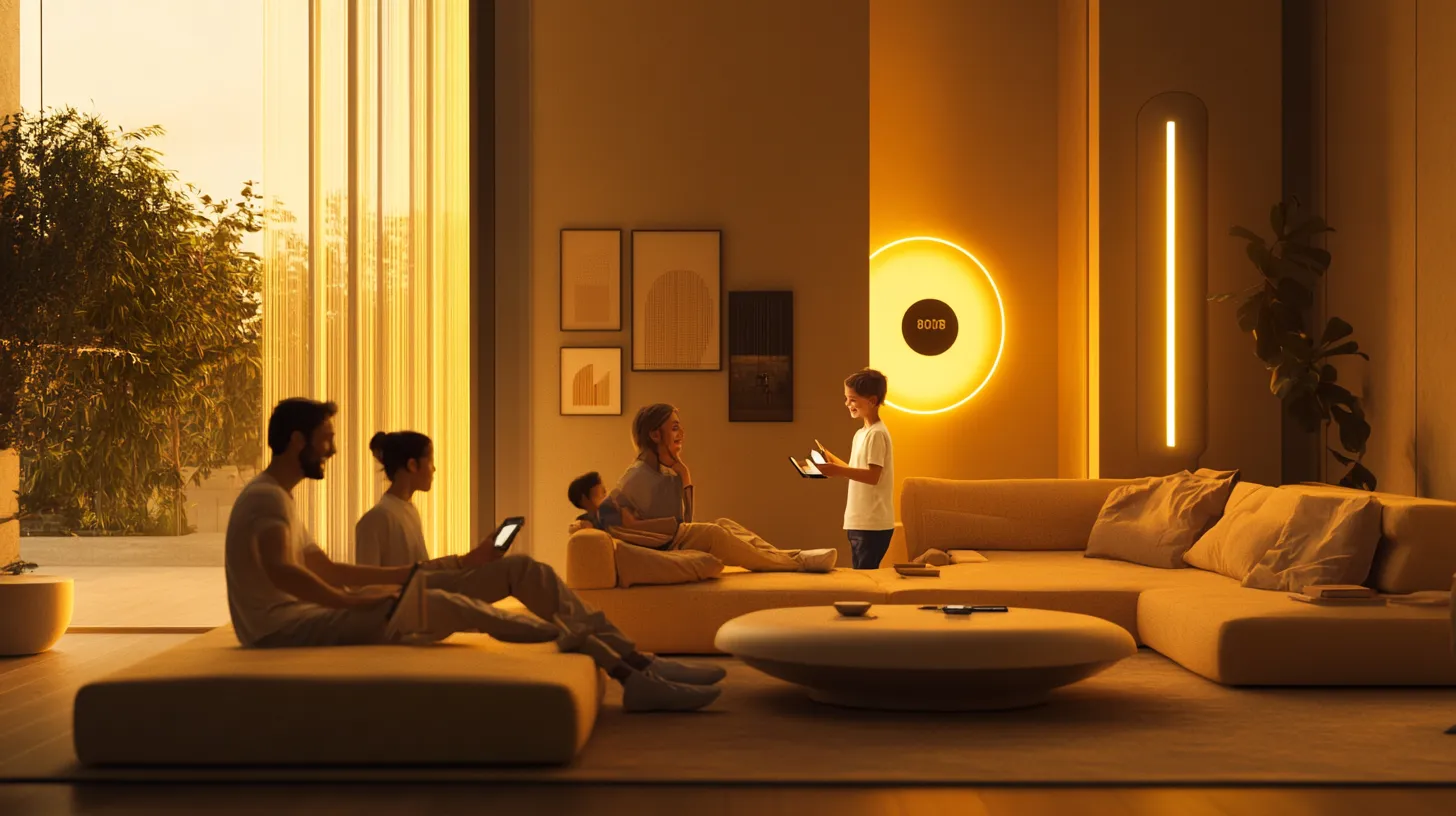 Famille utilisant IA dans salon connecté et futuriste