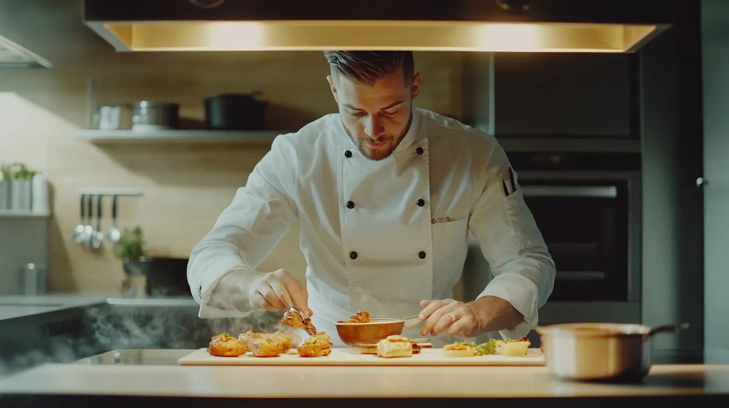 Chef utilisant IA pour préparation traiteur moderne