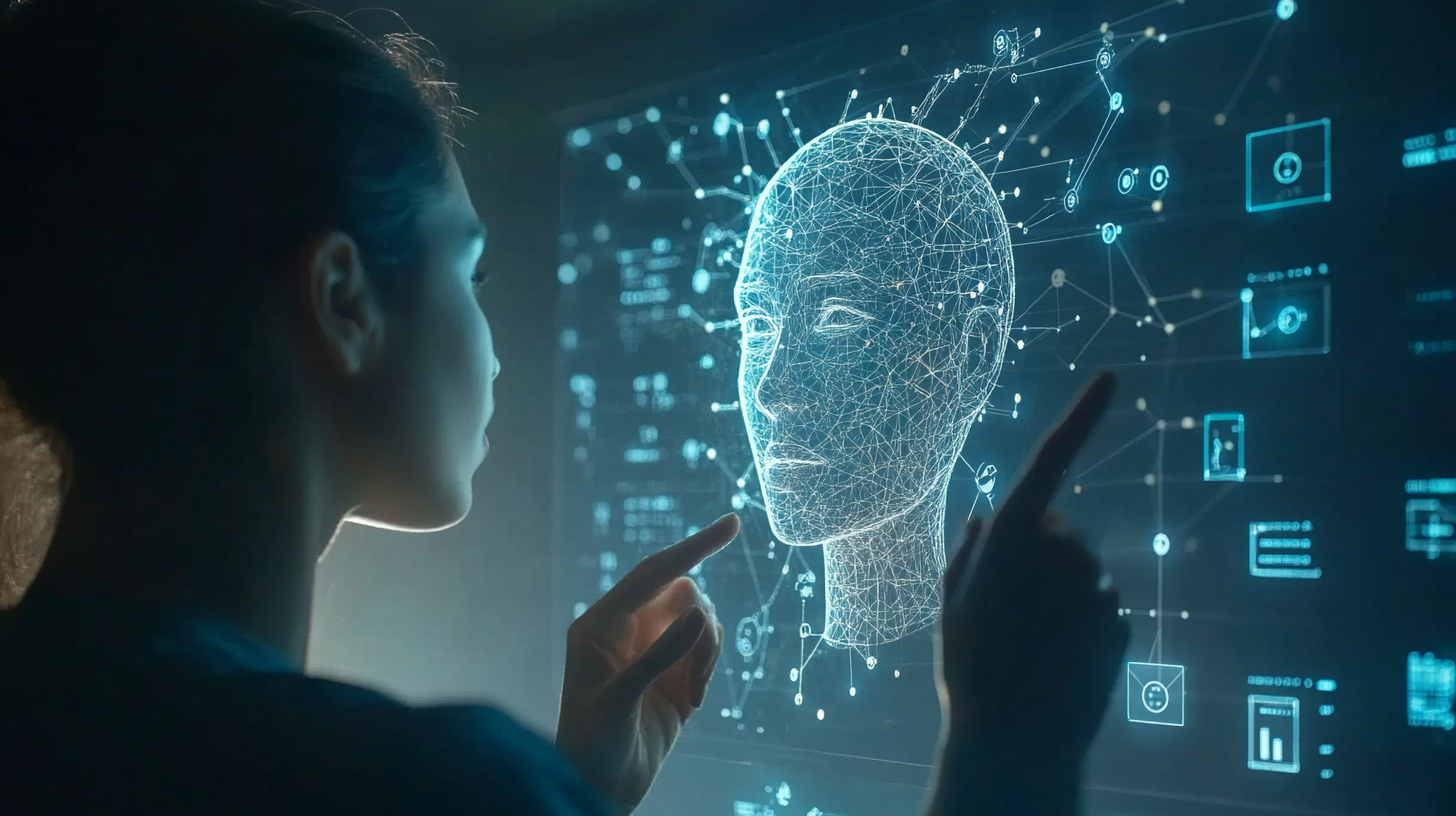 Explication IA sur écran digital en bureau tech